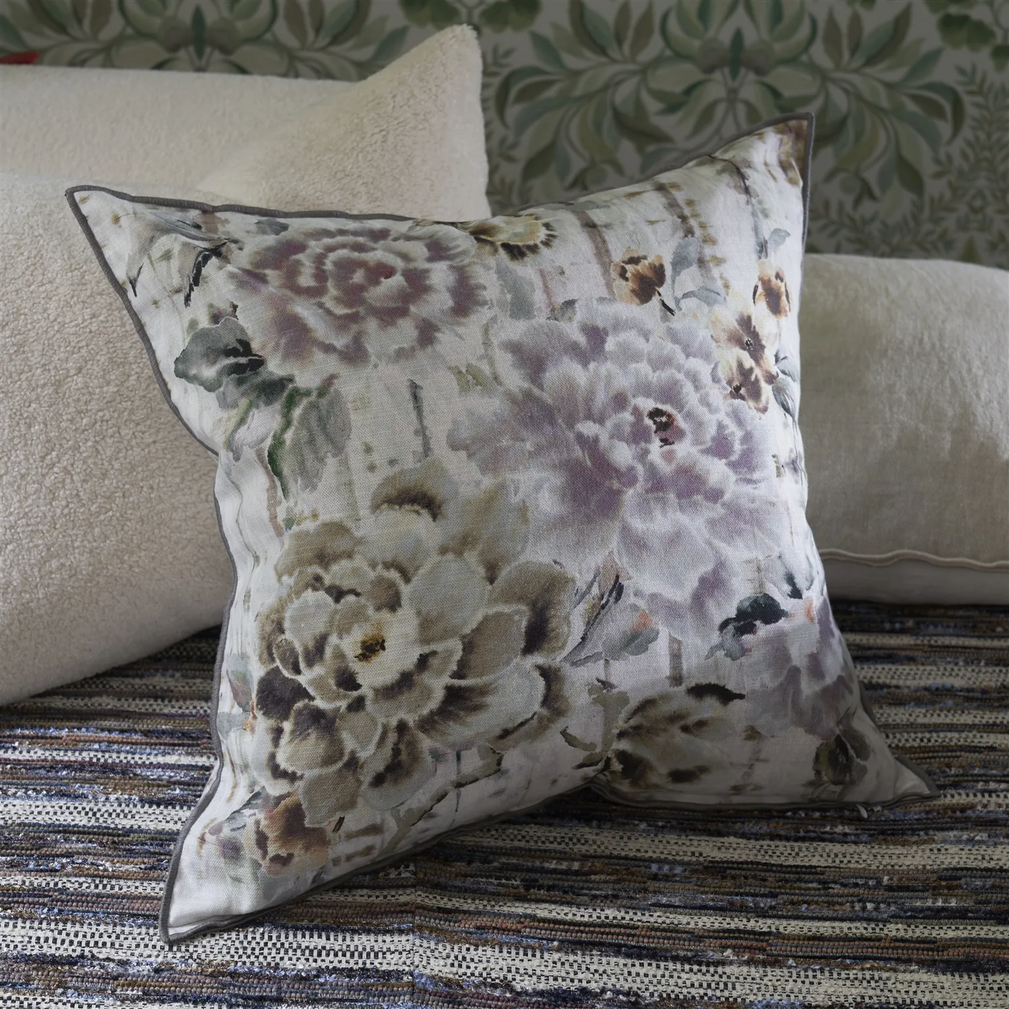 Kyoto Flower Slate Cotton Cushion - Designers Guild