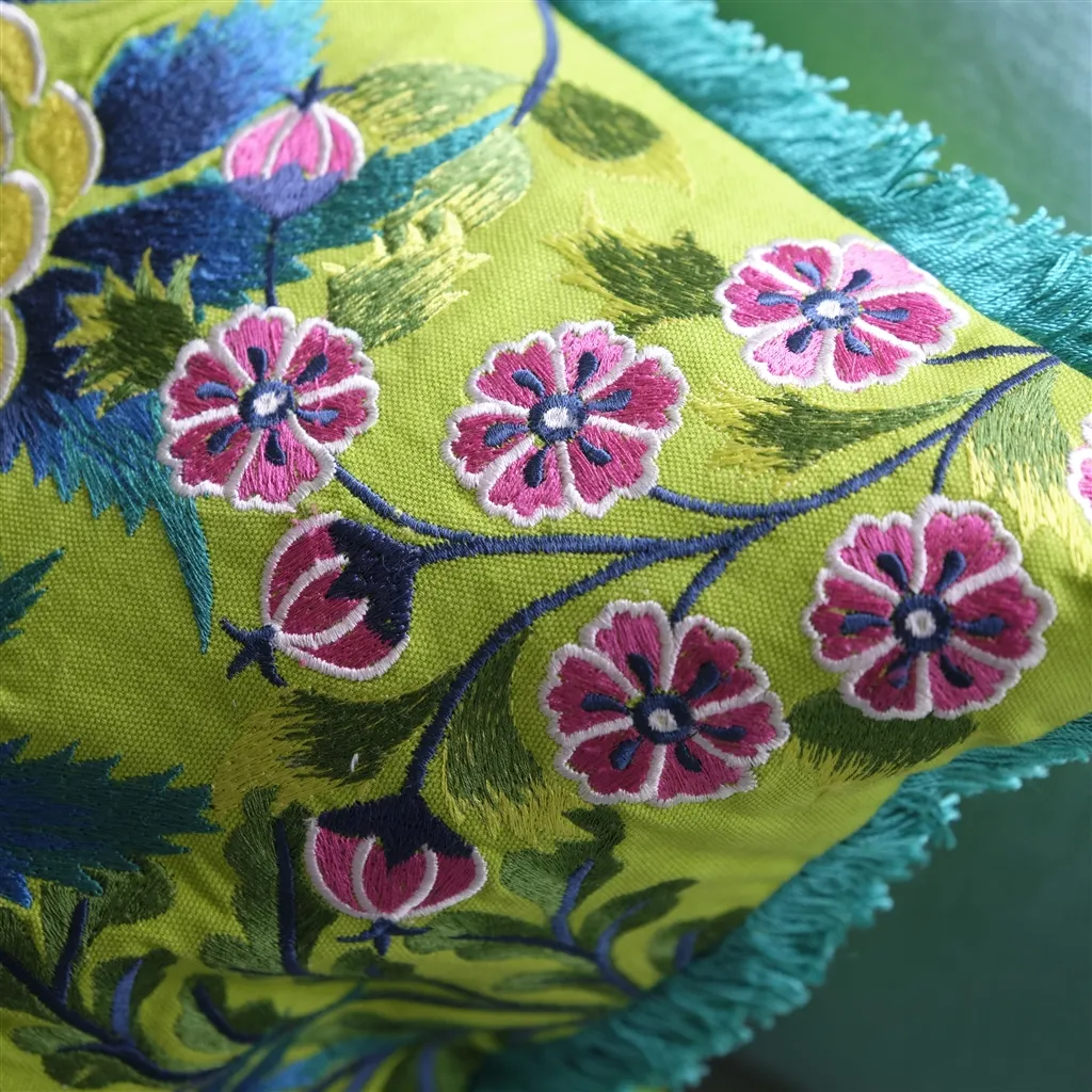 Brocart Decoratif Embroidered Lime Cotton Cushion - Designers Guild
