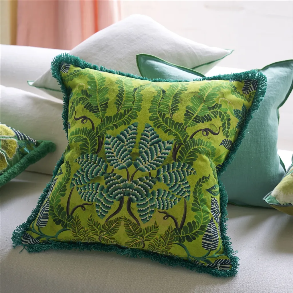 Brocart Decoratif Embroidered Lime Cotton Cushion - Designers Guild