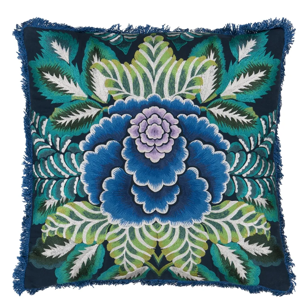 Rose De Damas Embroidered Indigo Cotton Cushion - Designers Guild