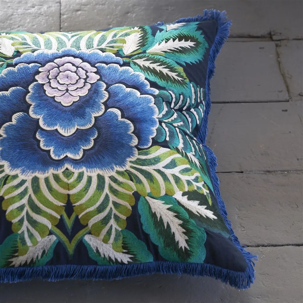 Rose De Damas Embroidered Indigo Cotton Cushion - Designers Guild