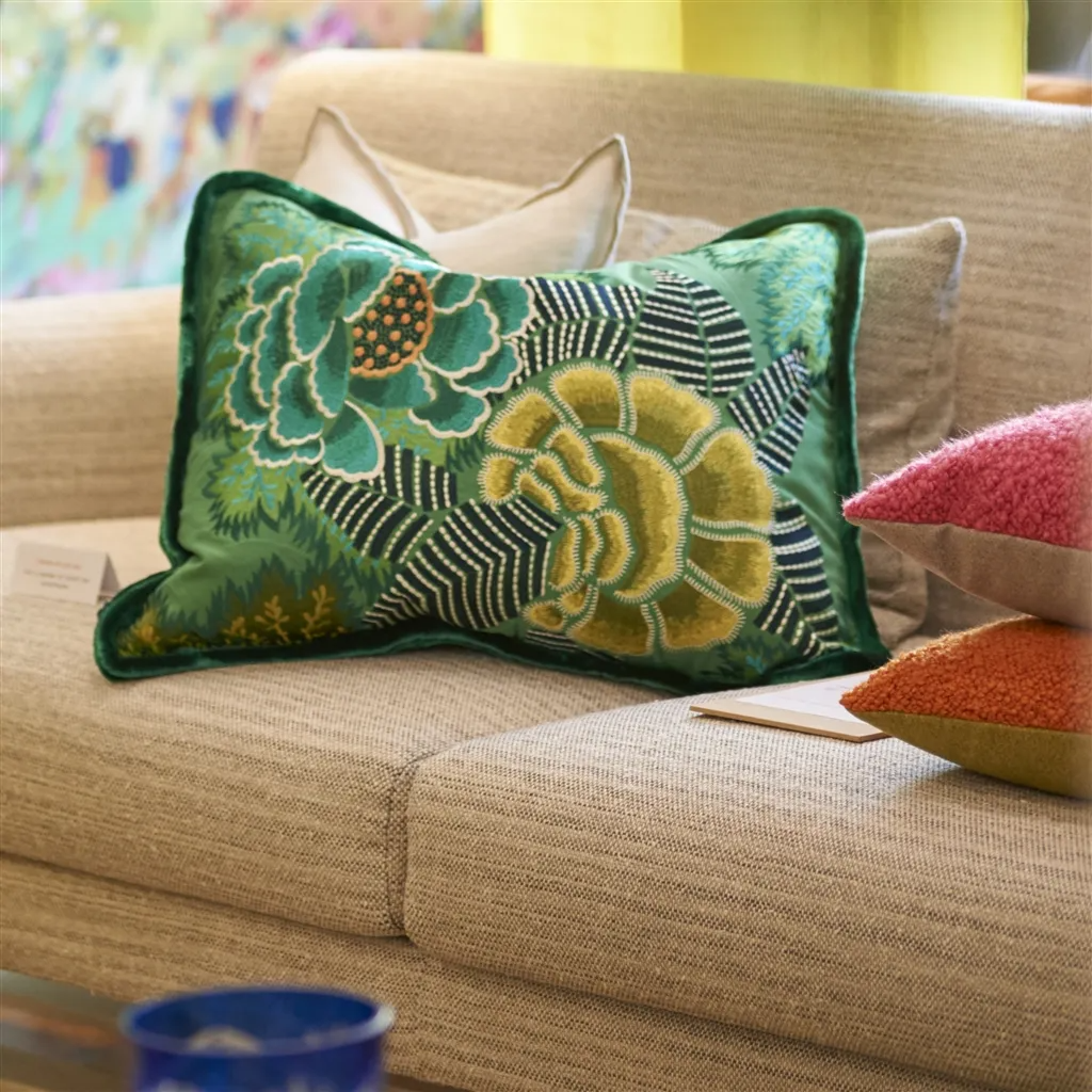 Rose De Damas Embroidered Jade Cotton Cushion - Designers Guild