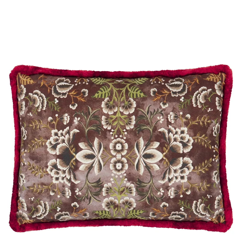 Rose De Damas Embroidered Cranberry Cotton Cushion - Designers Guild