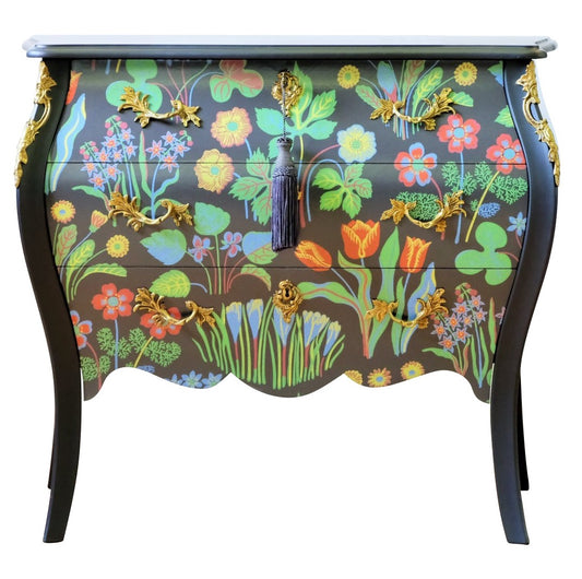 (903) Rococo Two Drawer Chest with Josef Frank Floral Design  and Marble Top