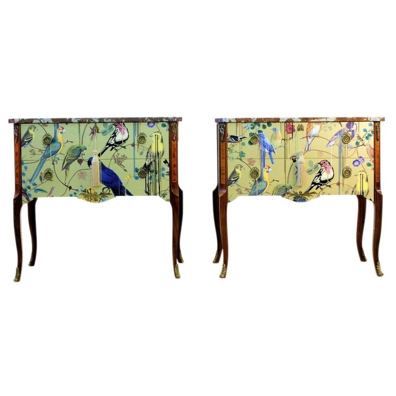 (707-2) Pair of Classic Gustavian Louis XV Style Chests with Christian Lacroix Design