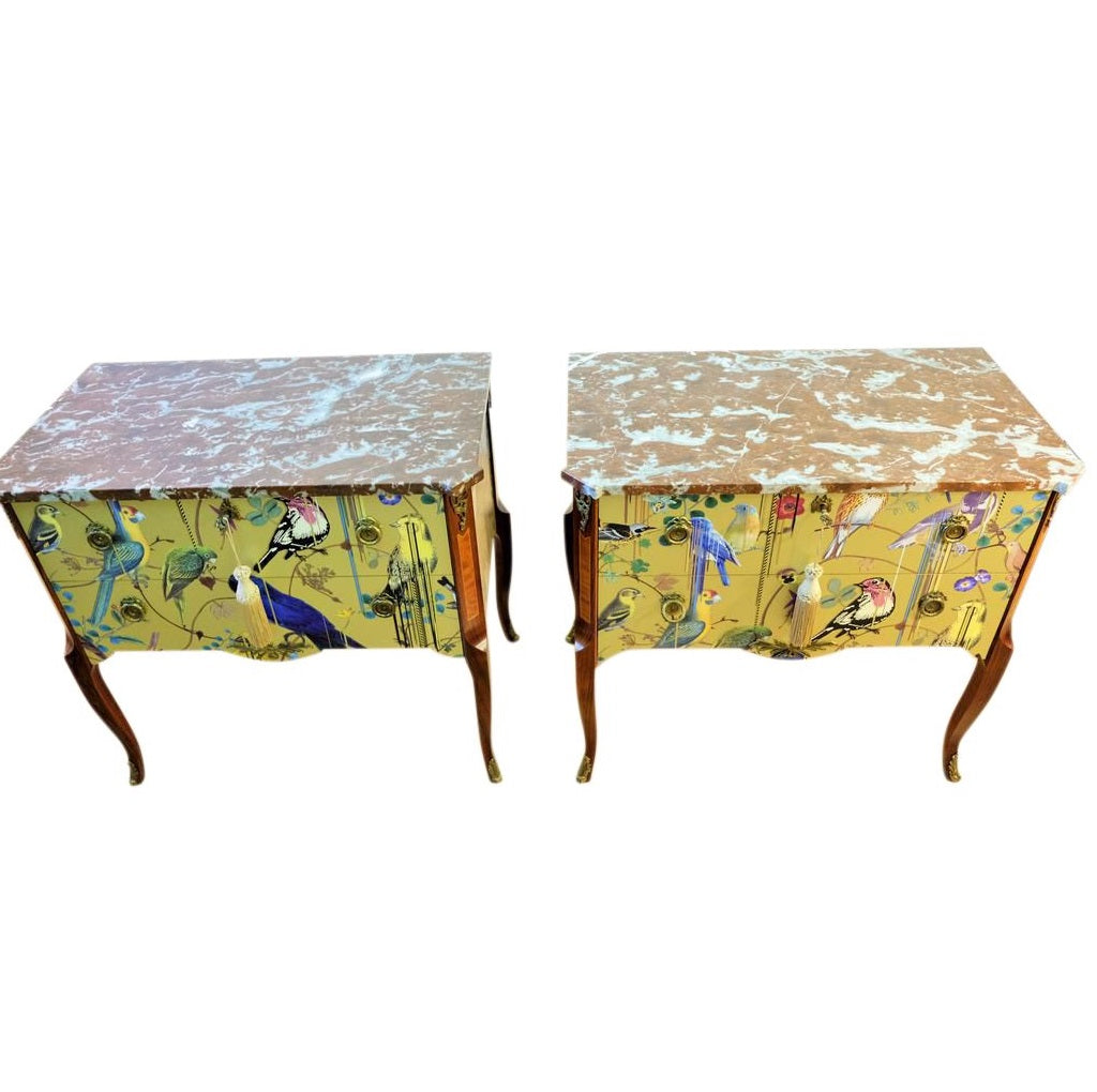 (707-2) Pair of Classic Gustavian Louis XV Style Chests with Christian Lacroix Design
