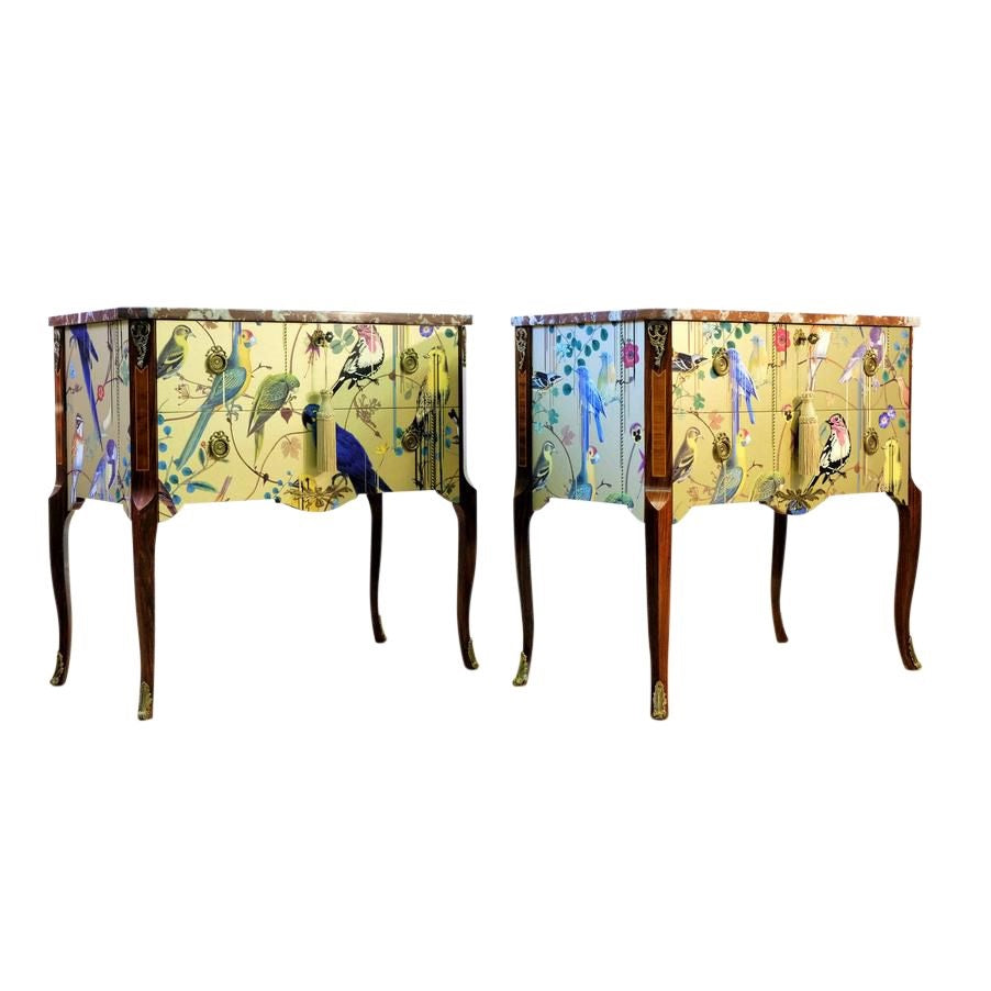 (707-2) Pair of Classic Gustavian Louis XV Style Chests with Christian Lacroix Design