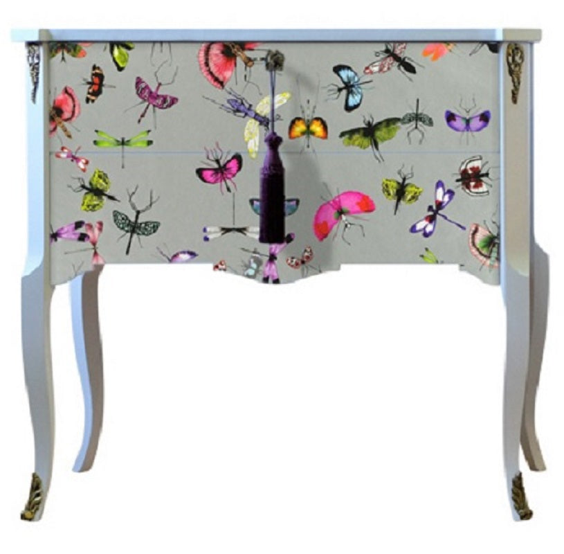 (708) Gustavian Style Commode with Christian Lacroix Butterfly Design and Matching Painted Marble Top