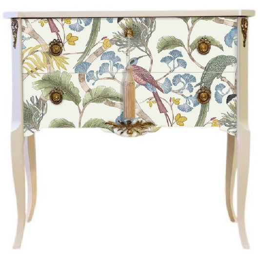 Gustavian Style Commode in Antique White with Exotic Birds Design and Matching Painted Marble Top