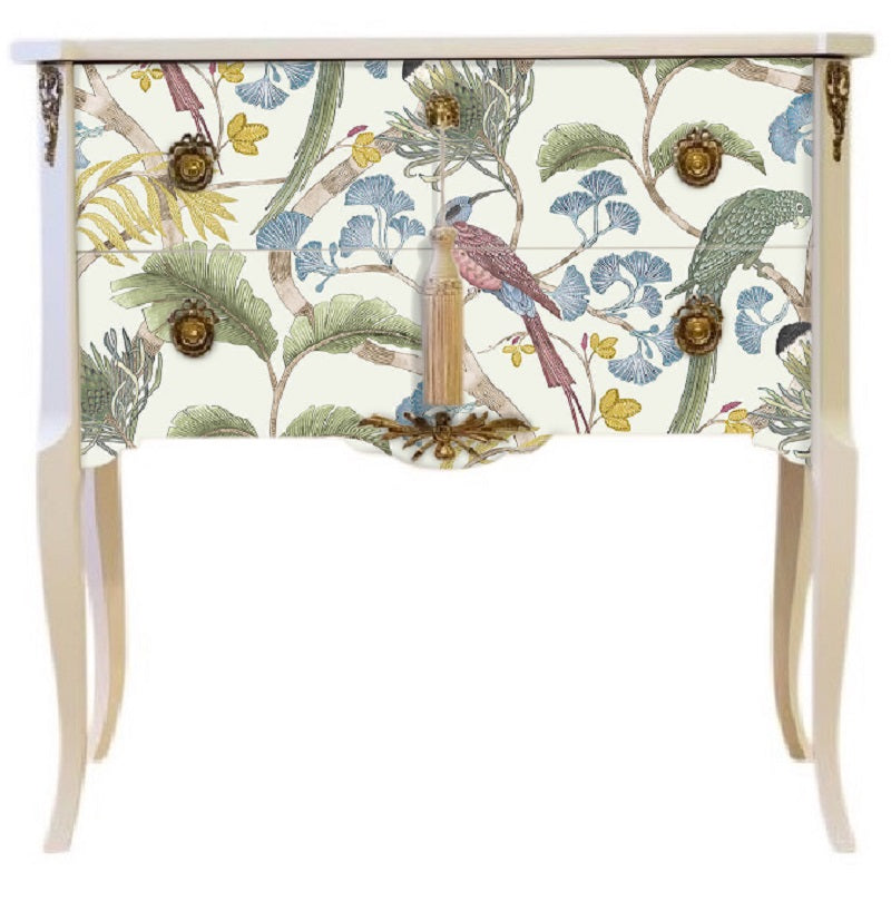 (732) Gustavian Style Commode in Antique White with Exotic Birds Design and Matching Painted Marble Top