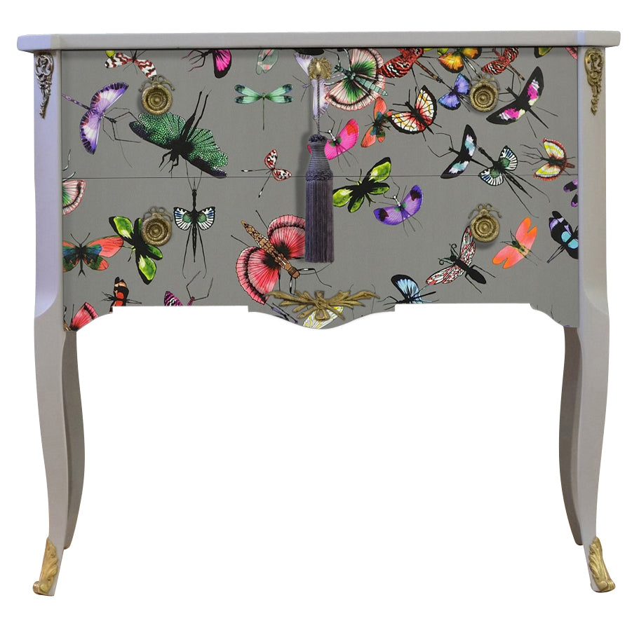 (709) Gustavian Style Commode with Christian Lacroix Butterfly Design and Matching Painted Marble Top