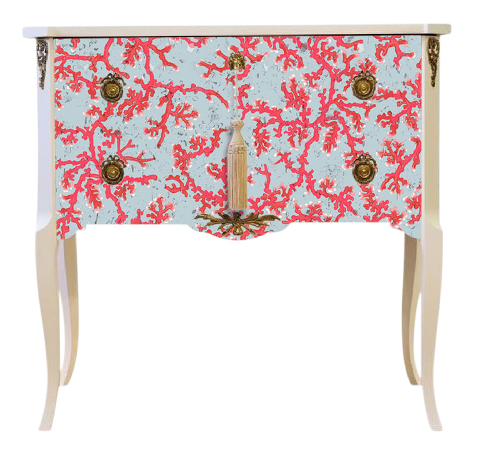 (705) Gustavian Style Commode with Coral Design and Matching Painted Marble Top
