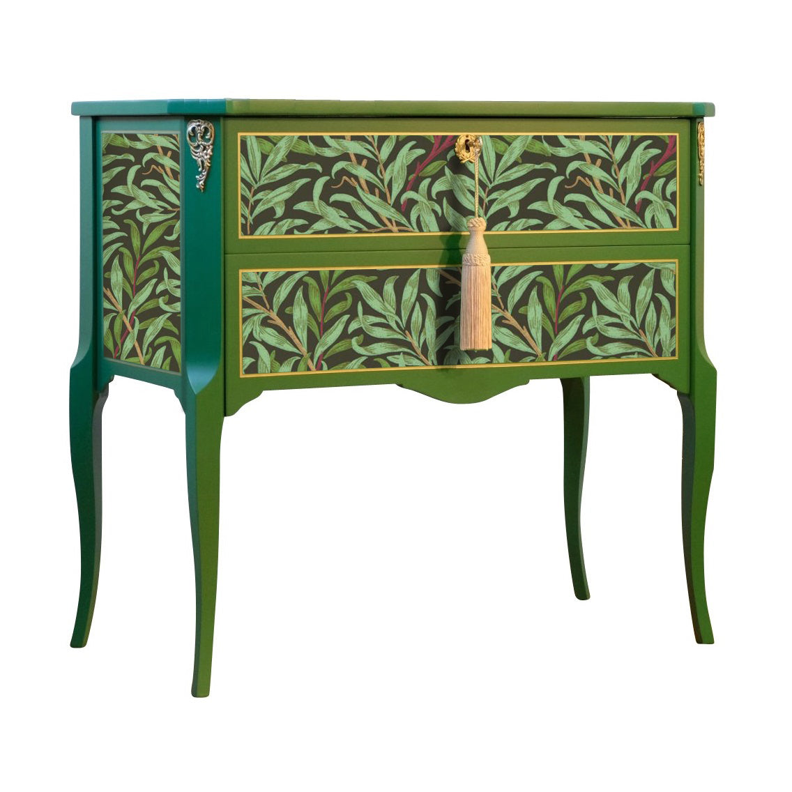 Gustavian Style Commode with Green Floral Design and Matching Painted Marble Top