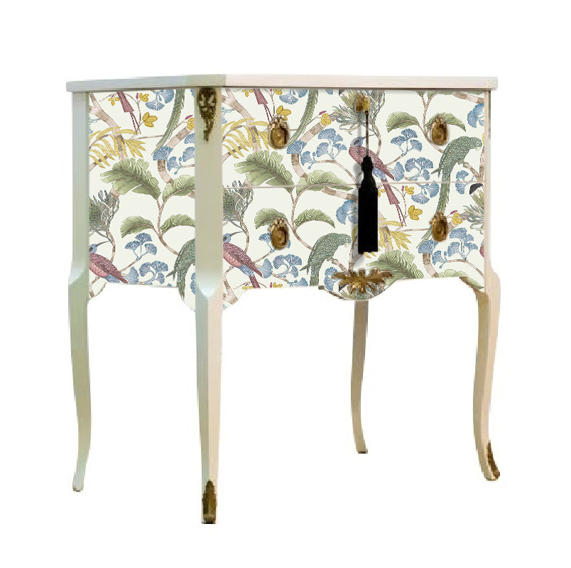 (732) Gustavian Style Commode in Antique White with Exotic Birds Design and Matching Painted Marble Top