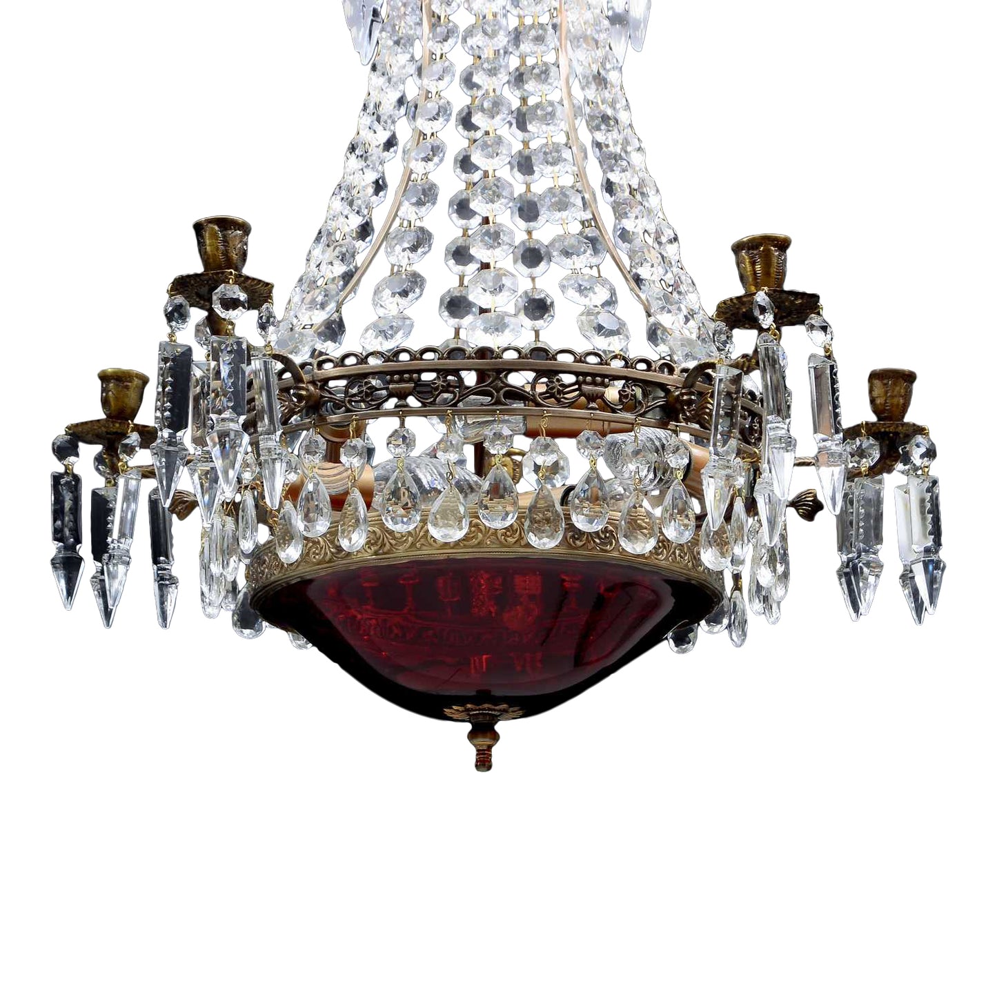 Empire chandelier 1900's with rare red glass bowl