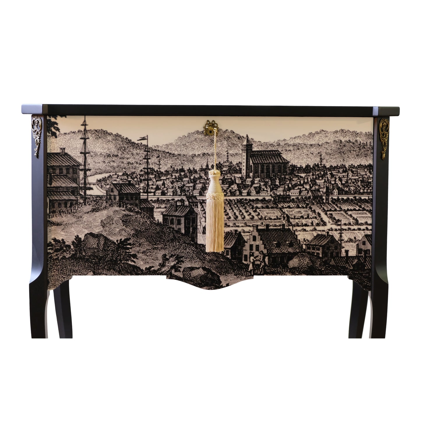 (670-2) Gustavian Commode With 17th Century Print (A Pair)