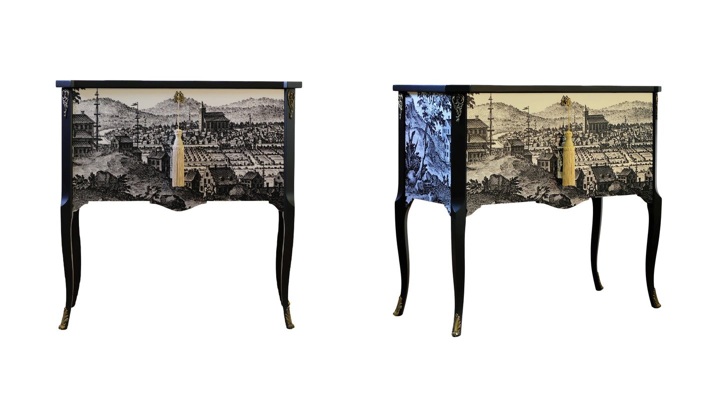 (670-2) Gustavian Commode With 17th Century Print (A Pair)
