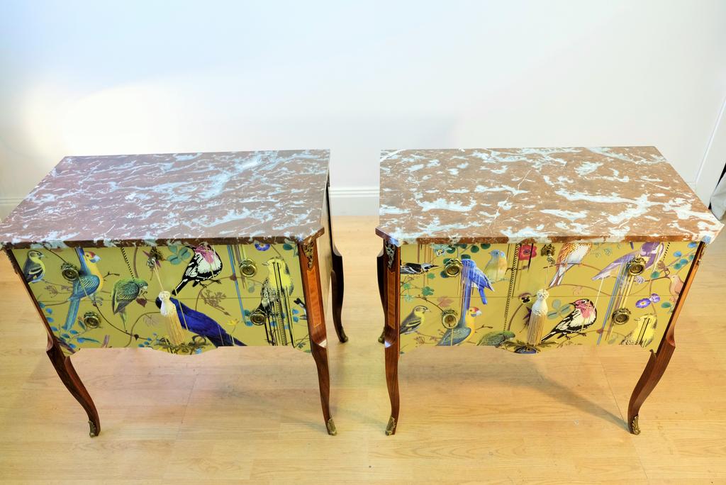 (707-2) Pair of Classic Gustavian Louis XV Style Chests with Christian Lacroix Design