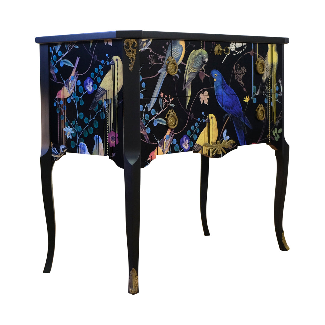 (715) Gustavian Style Commode with Christian Lacroix Birds Design