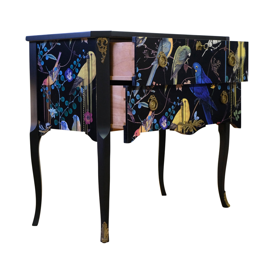 (715) Gustavian Style Commode with Christian Lacroix Birds Design