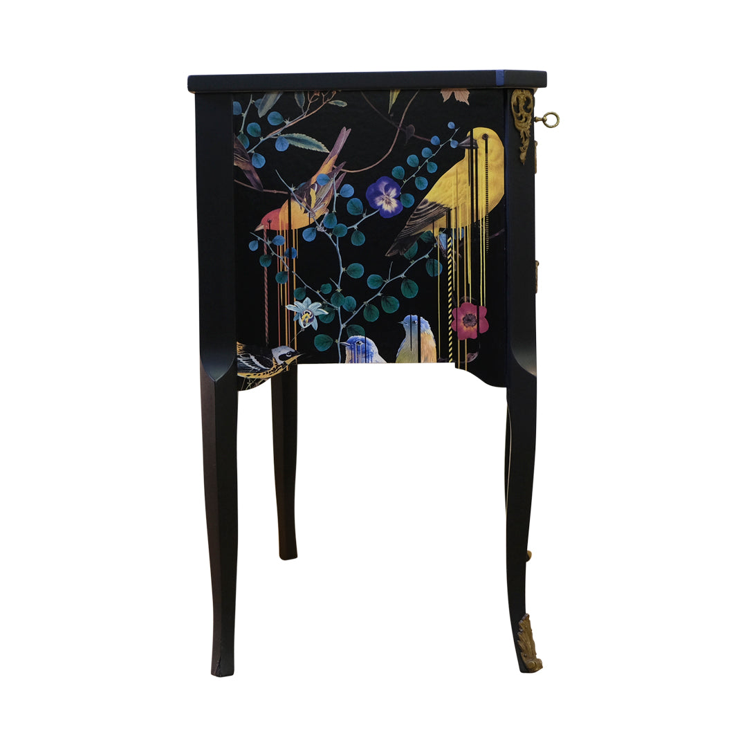 (715) Gustavian Style Commode with Christian Lacroix Birds Design