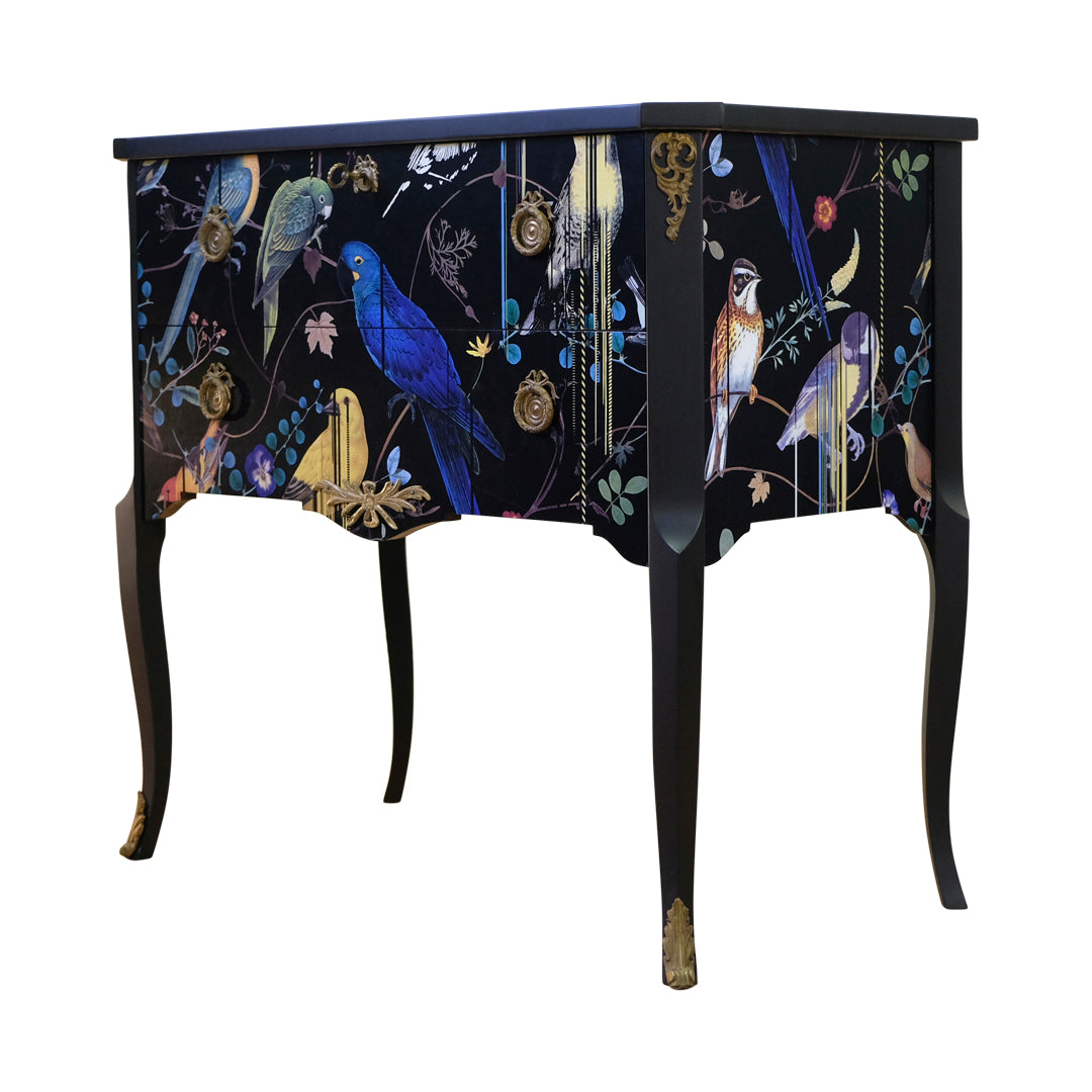 (715) Gustavian Style Commode with Christian Lacroix Birds Design