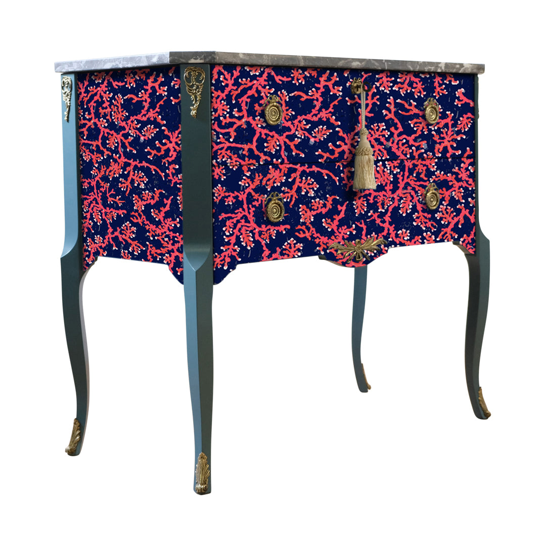 (704) Gustavian Style Commode with Coral Design and Natural Marble Top