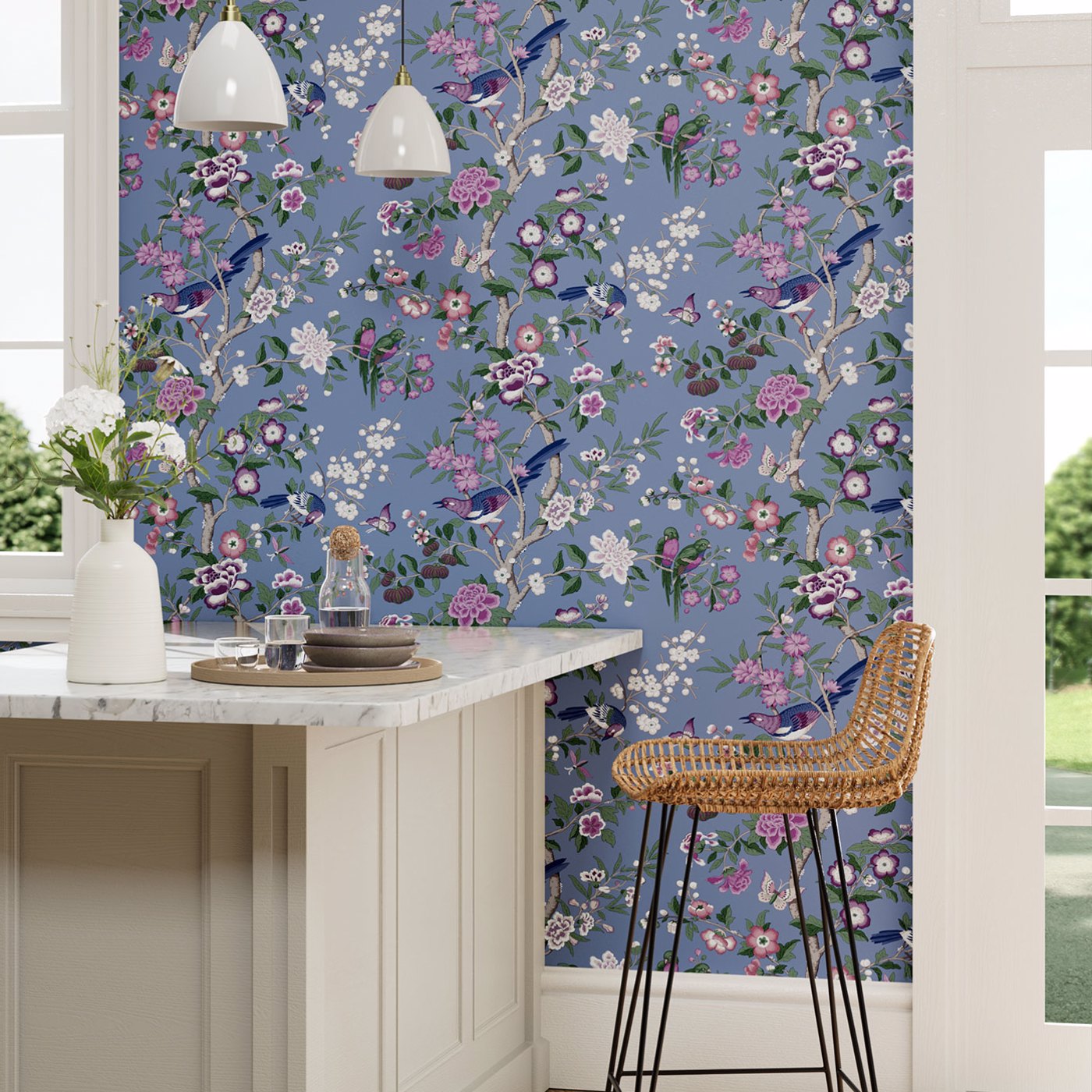 Chinoiserie Hall Room Wallpaper - Blue