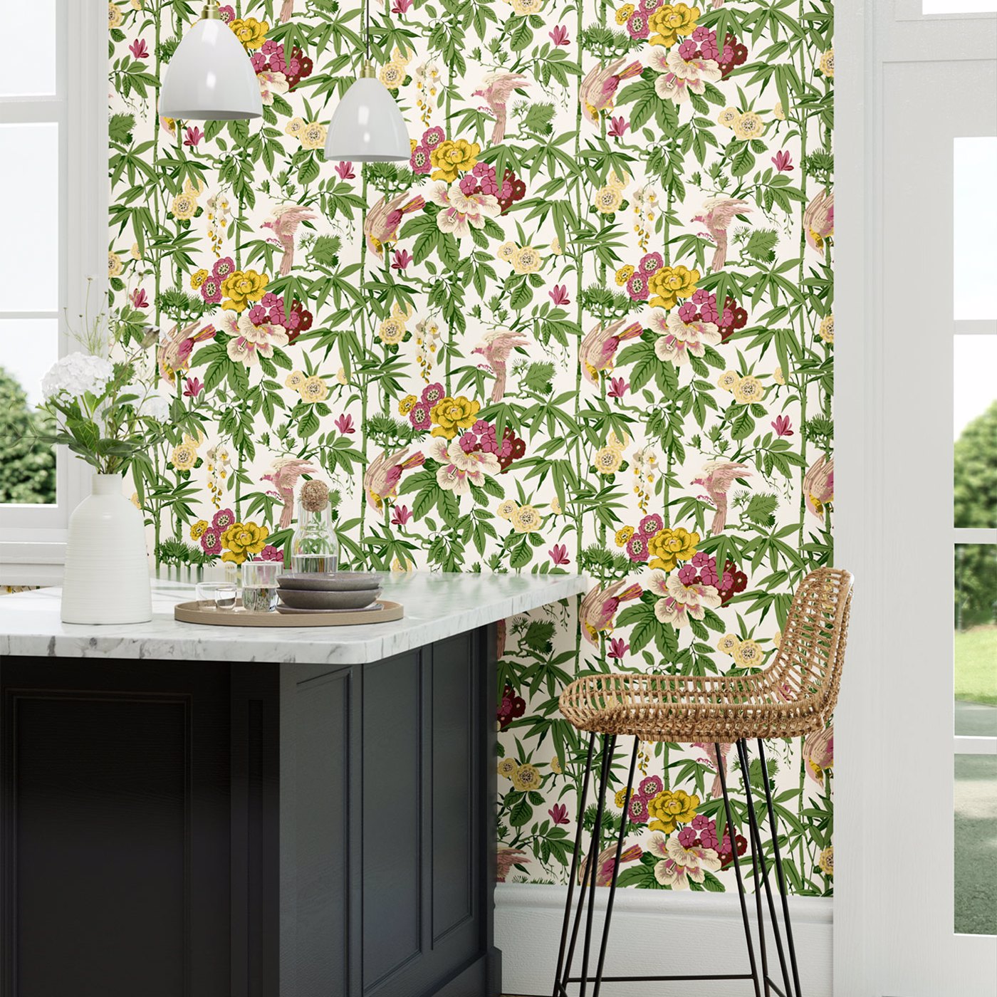 Bamboo & Birds Room Wallpaper - Green