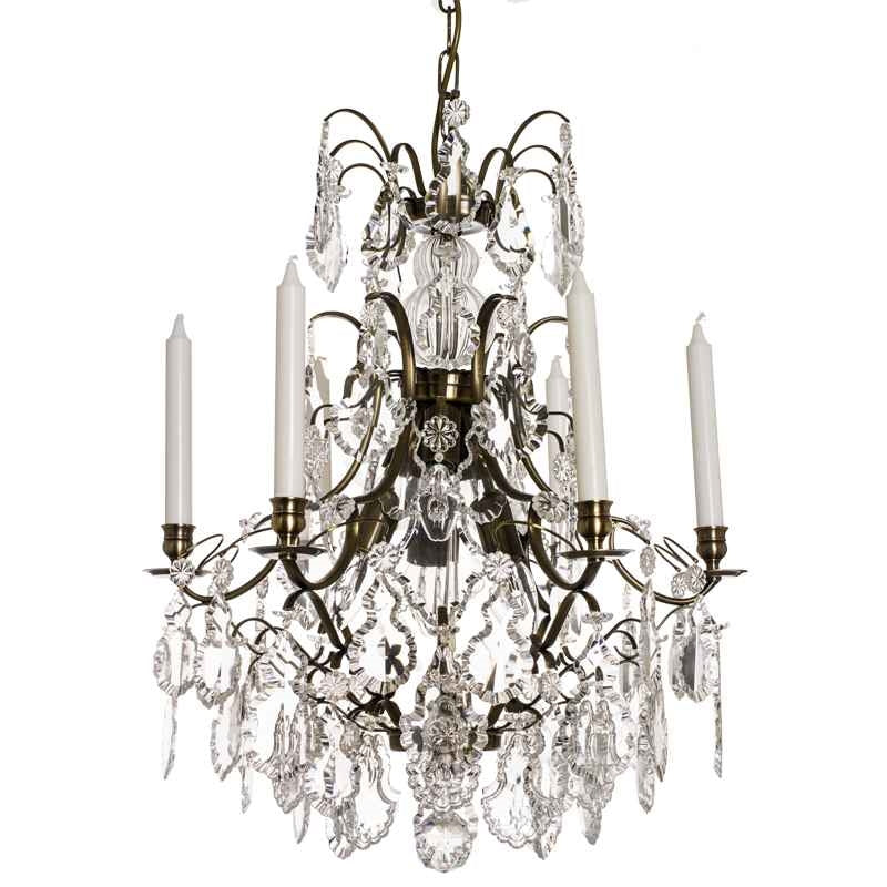 Dark Brass 6 arm Baroque style chandelier with pendeloque crystals