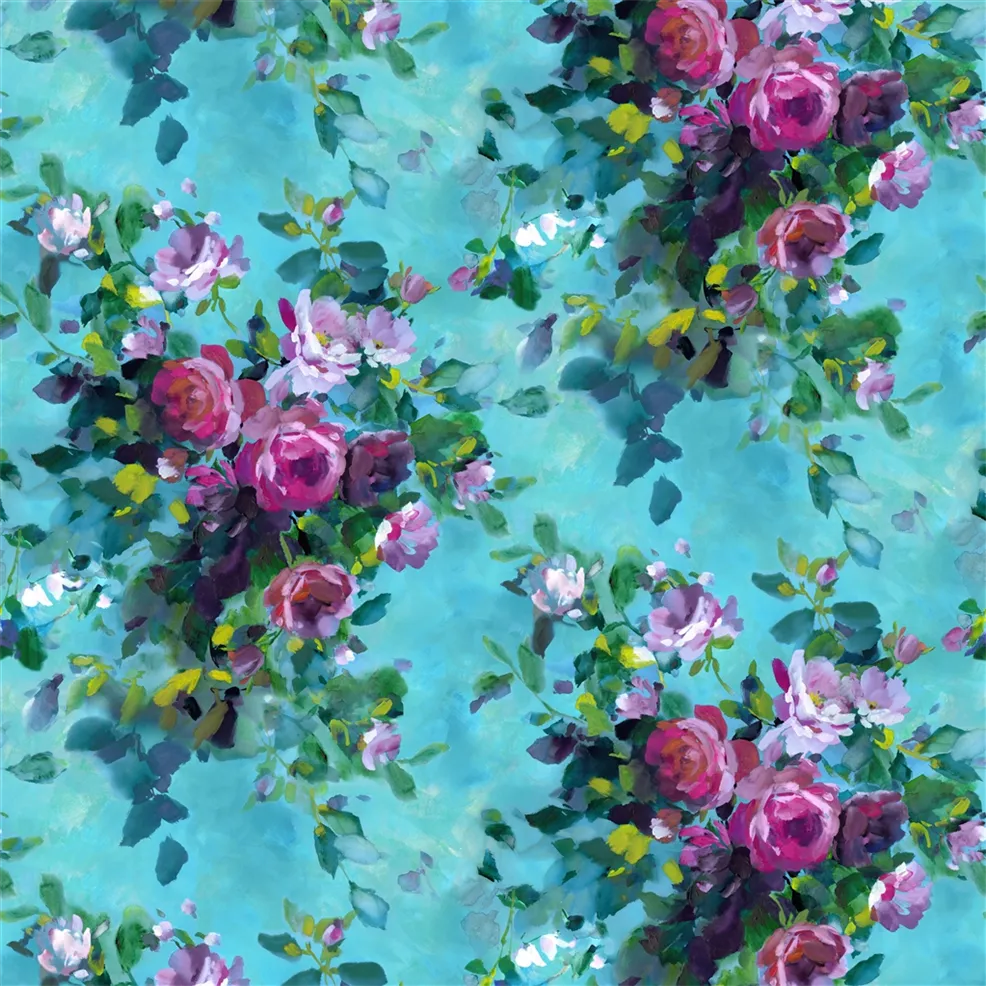 Bouquet De Roses Turquoise Fabric