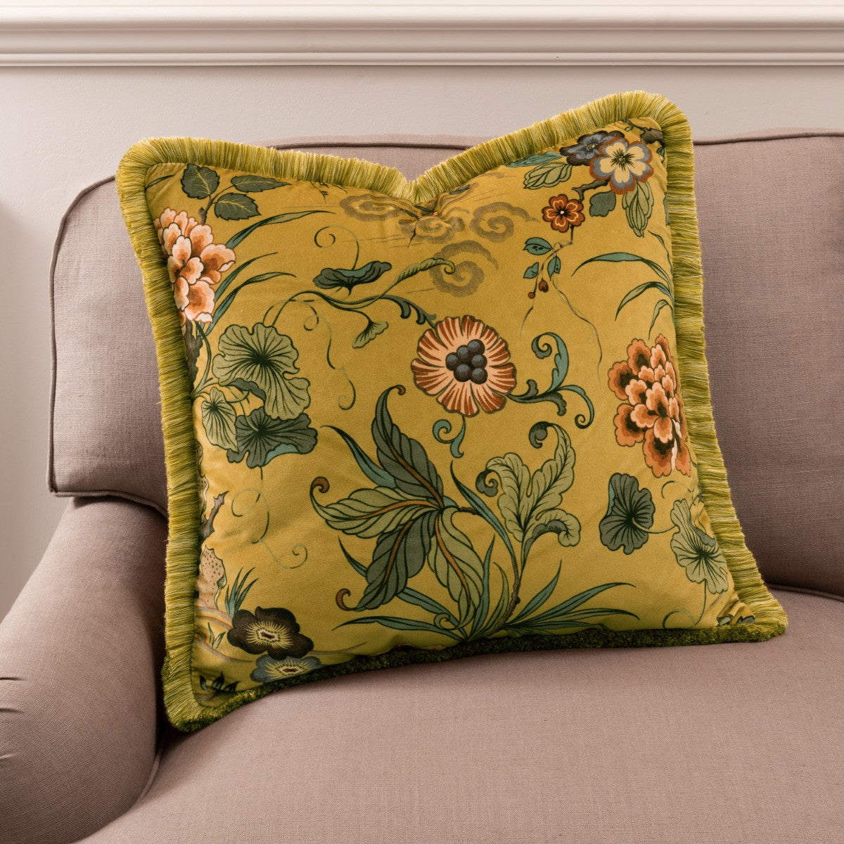 FLEURS ORIENTALES Gold Velvet Cushion - Warner House