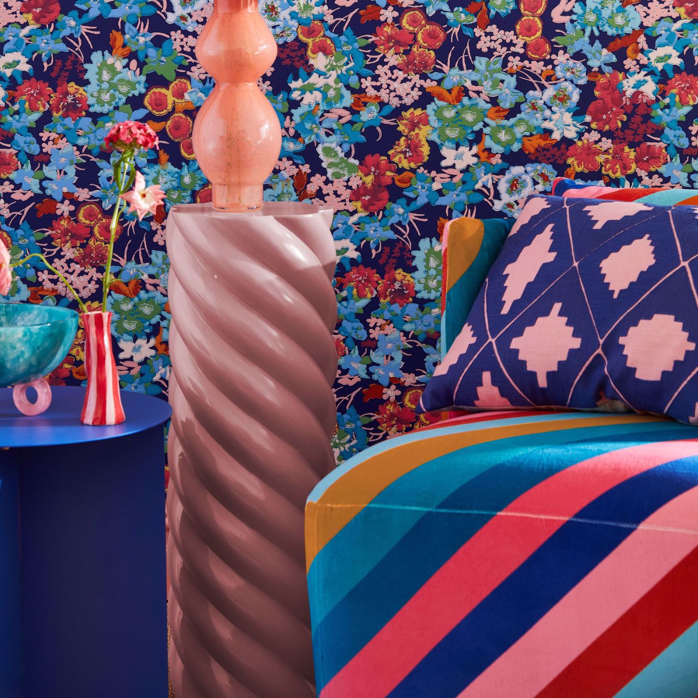 Sherbet Stripe Room Fabric - Lapis/Spinel/Aquamarine