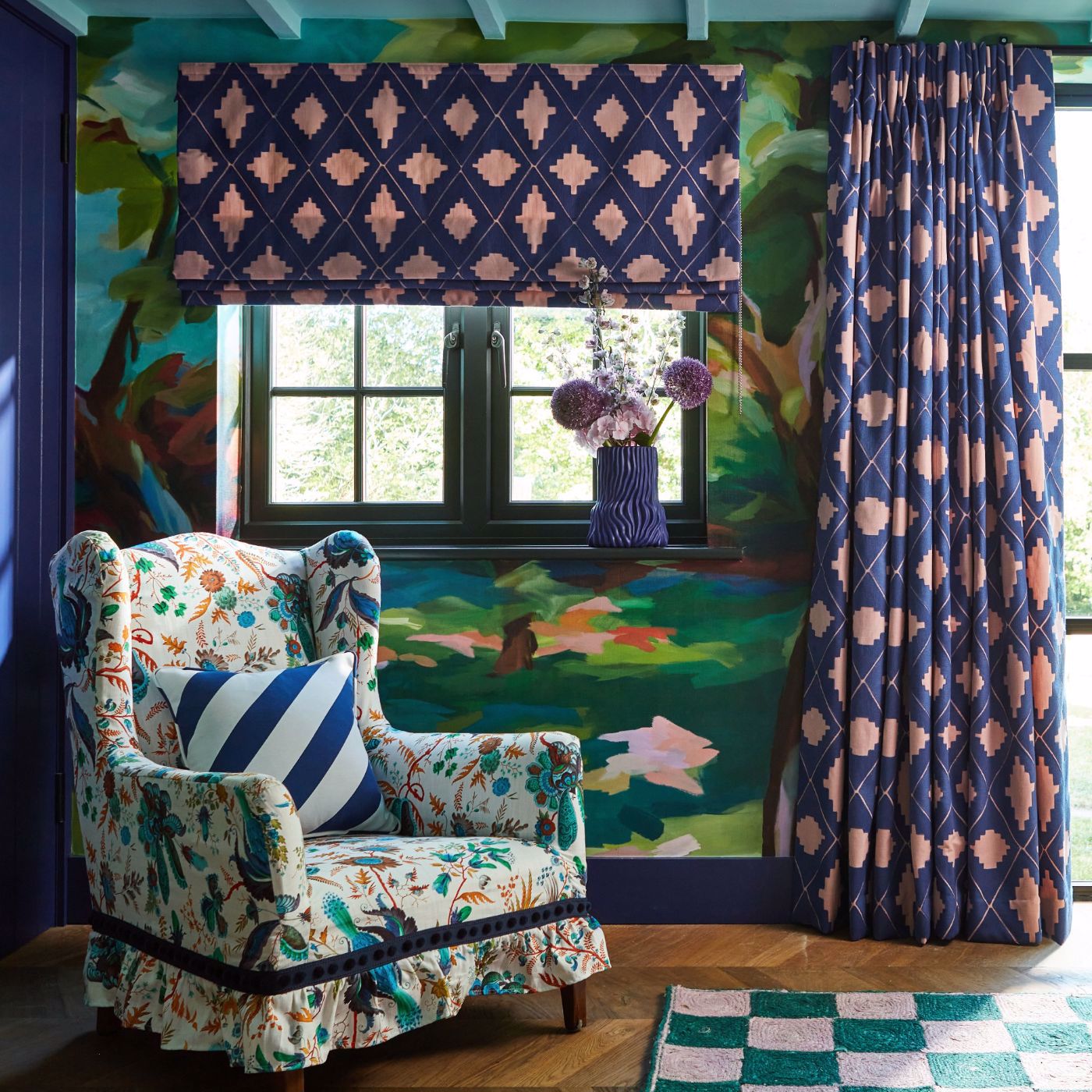 Garden Terrace Room Fabric - Lapis/Rose