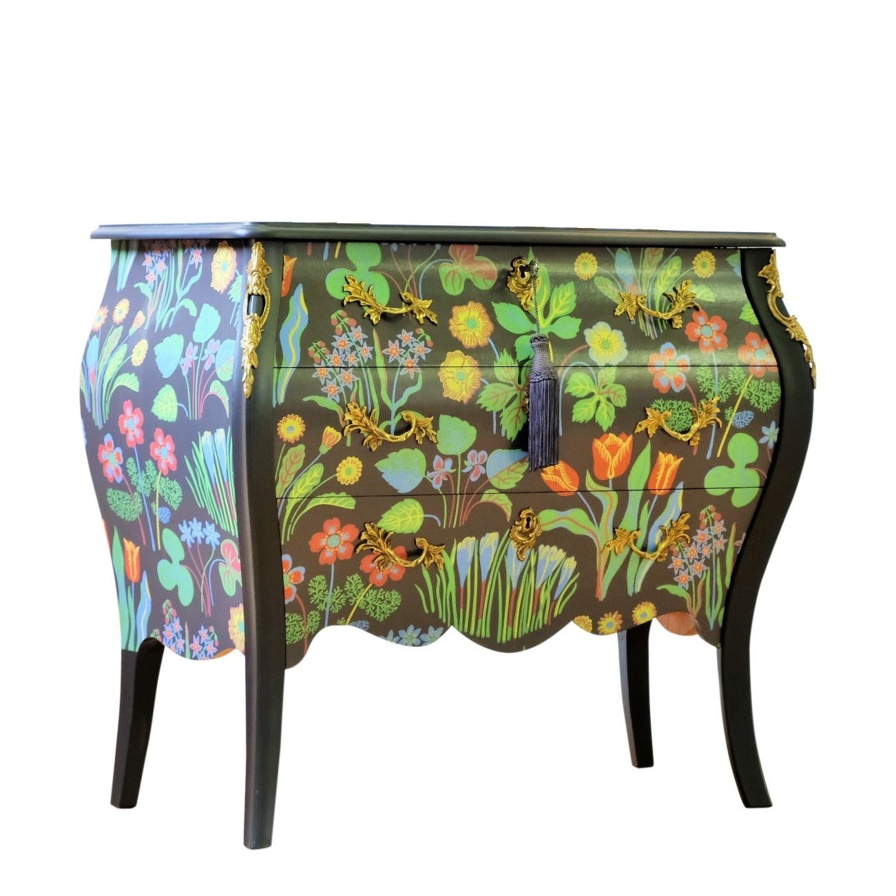 Rococo Two Drawer Chest with Josef Frank Floral Design  and Marble Top