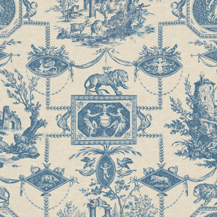 LION TOILE Navy Linen Mix Fabric - Warner House