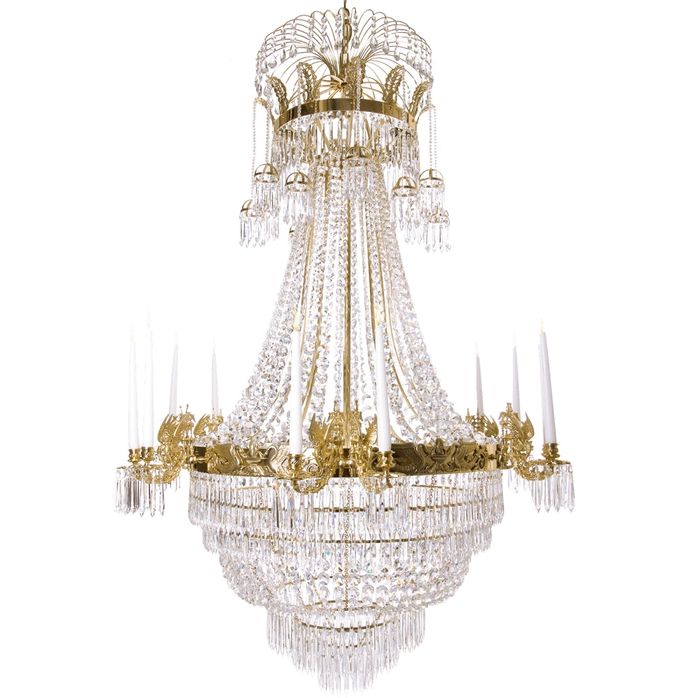 Large light brass colour Empire chandelier with crystal octagons and 12 candle holders