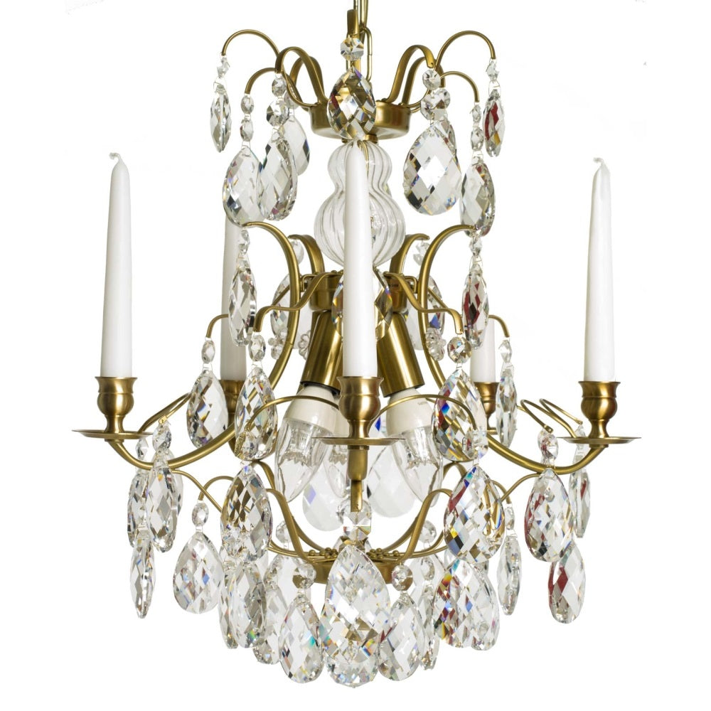Light Brass 5 arm Baroque style chandelier with clear crystals