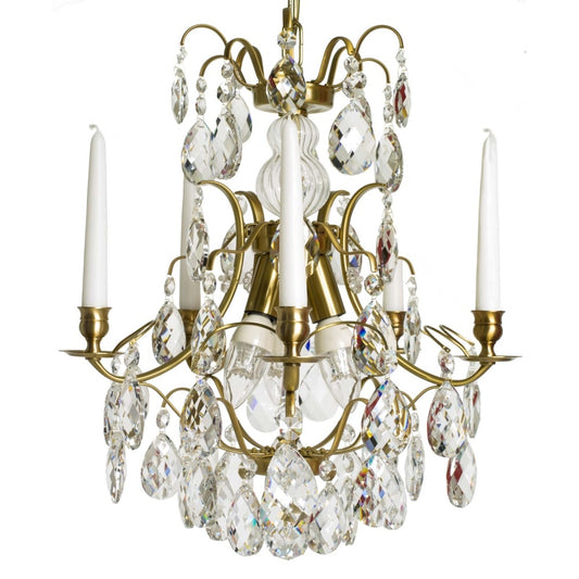 Light Brass 5 arm Baroque style chandelier with clear crystals