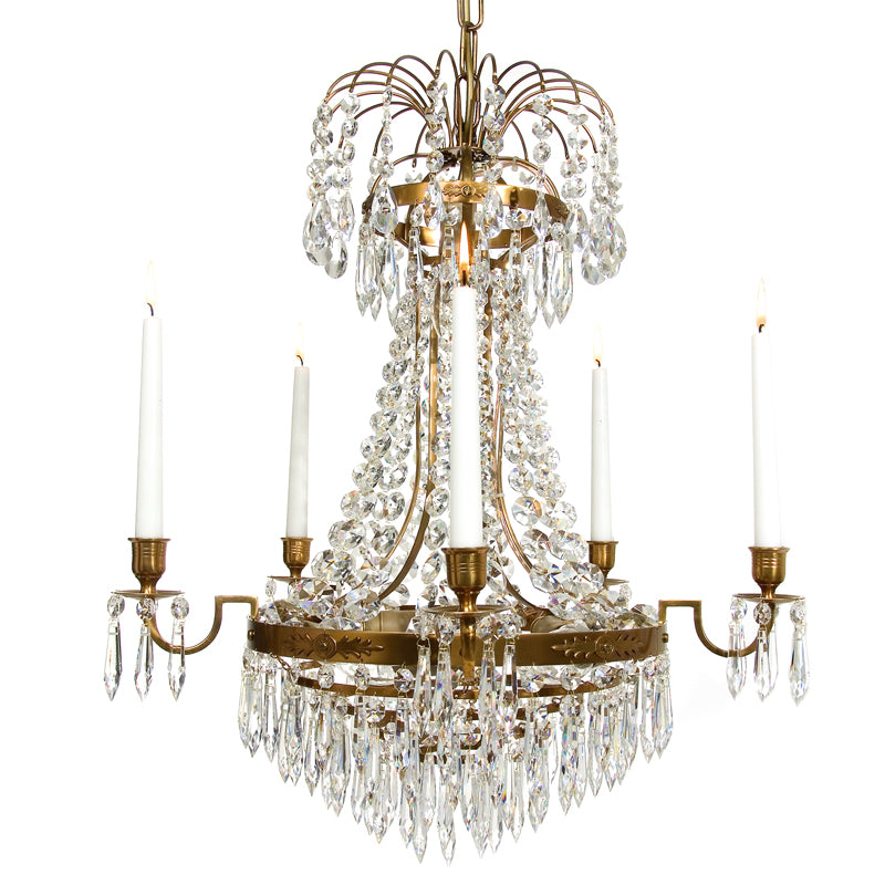 Light Brass Empire 5 arm chandelier with crystals