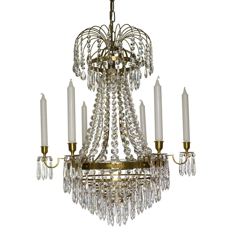 Light Brass Empire 6 arm chandelier with crystal drops