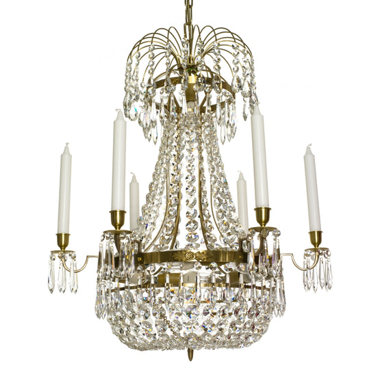 Light Brass Empire 6 arm chandelier with crystal octagons