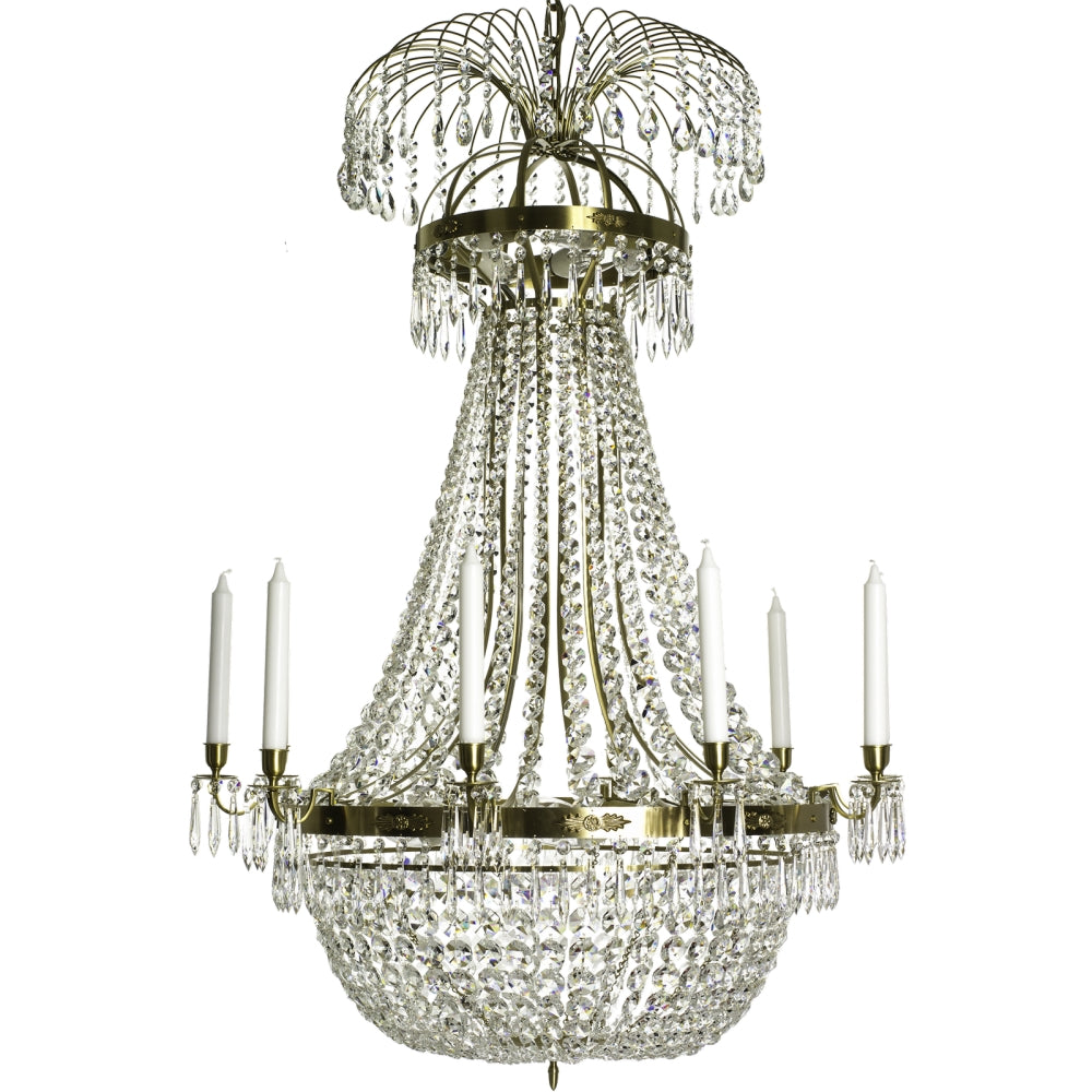 Light brass Empire 10 arm chandelier with crystal octagons
