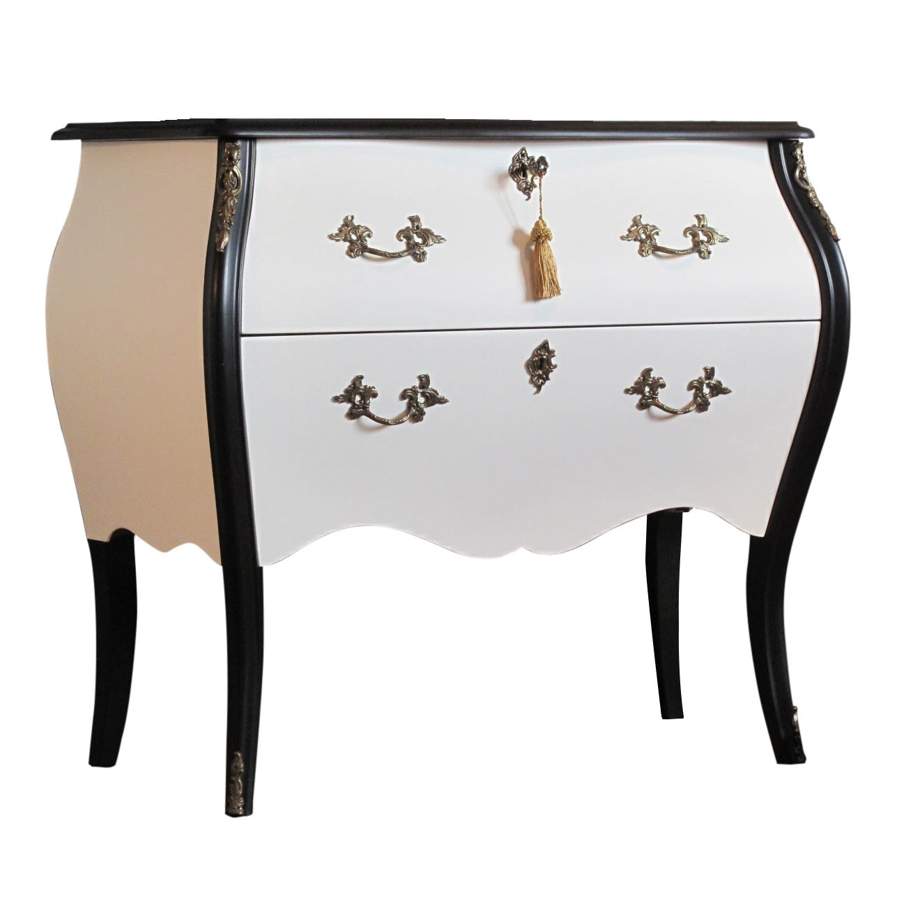 (910) Rococo Two Drawer Chest In Classic White & Black With Marble Top
