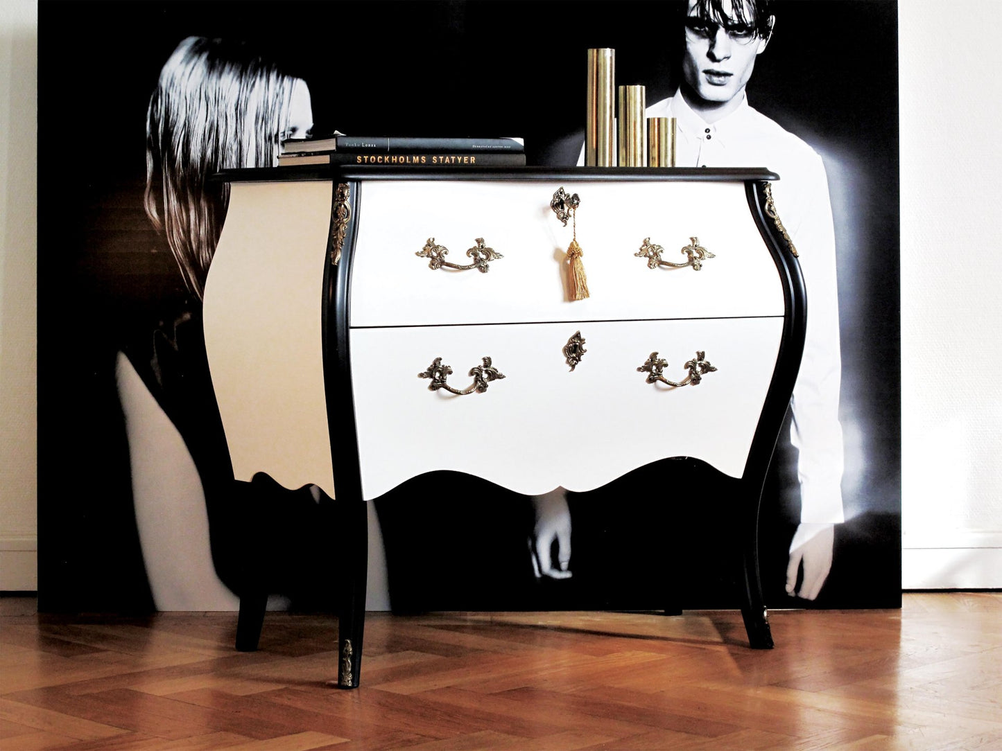 Rococo Two Drawer Chest In Classic White & Black With Marble Top