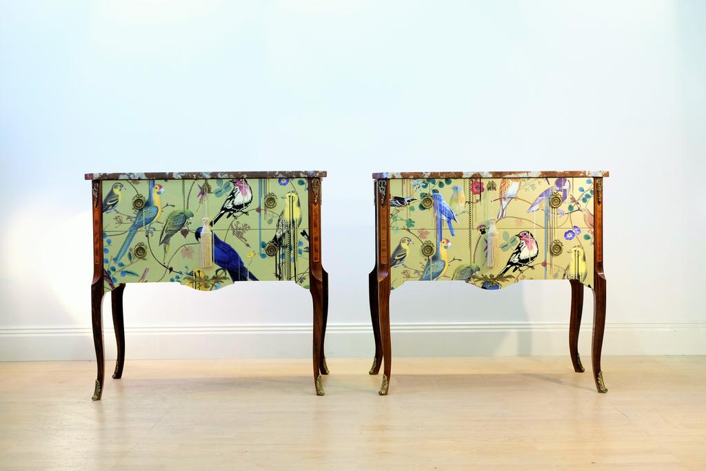 (707-2) Pair of Classic Gustavian Louis XV Style Chests with Christian Lacroix Design