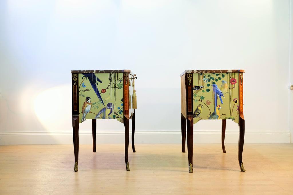 (707-2) Pair of Classic Gustavian Louis XV Style Chests with Christian Lacroix Design