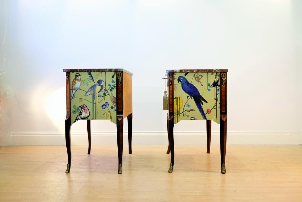 (707-2) Pair of Classic Gustavian Louis XV Style Chests with Christian Lacroix Design