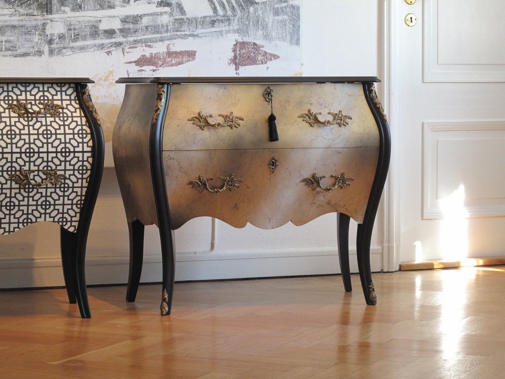 (912) Rococo Two Drawer Chest with Gold and Black design With Marble Top