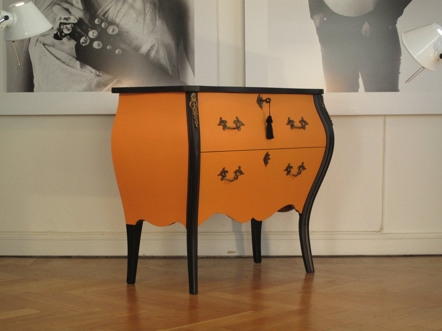 Rococo Two Drawer Chest In Classic Orange  & Black With Marble Top